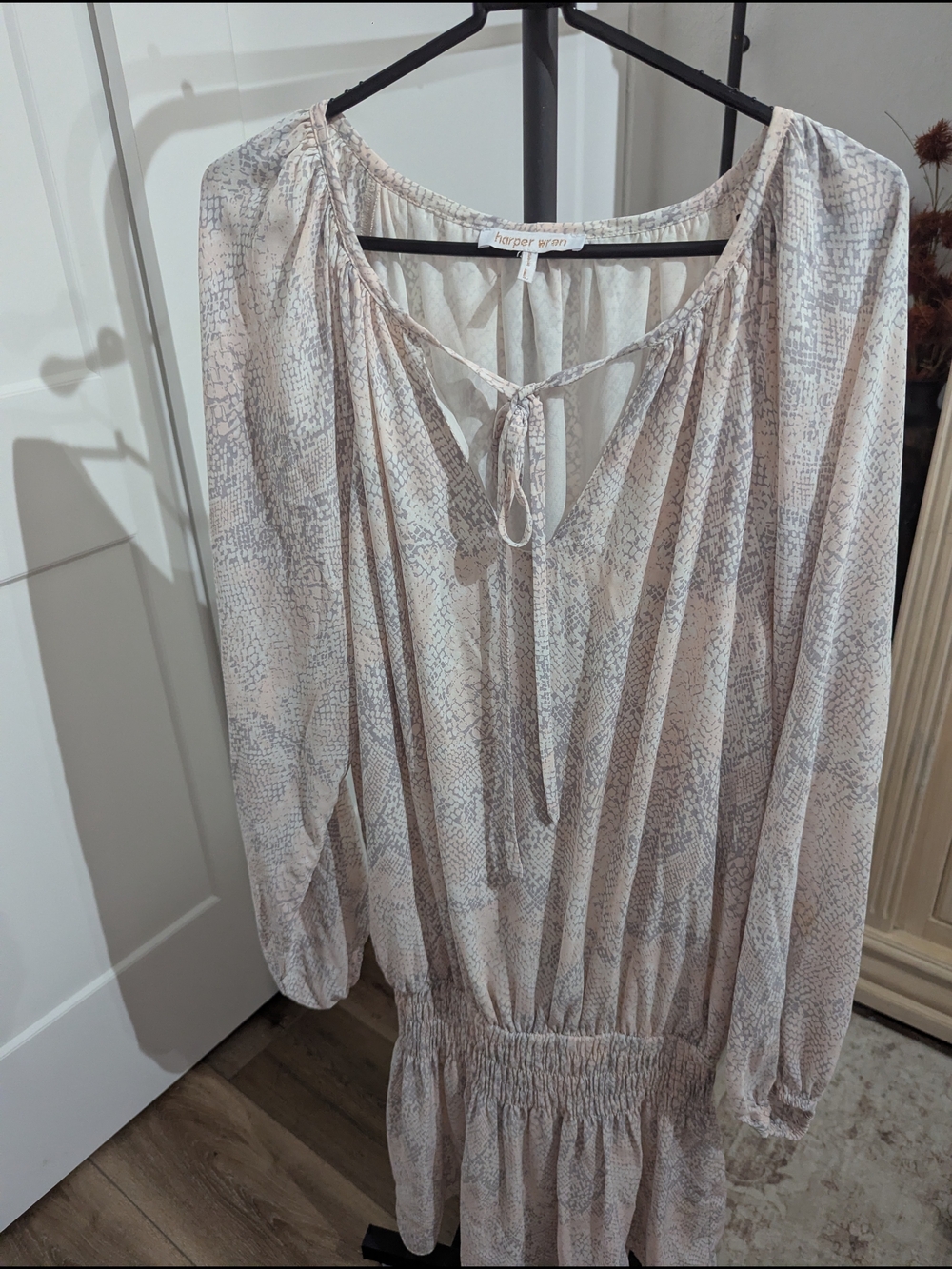 Harper Pale Blush Printed Long Sleeve Tie-Neck Dress
